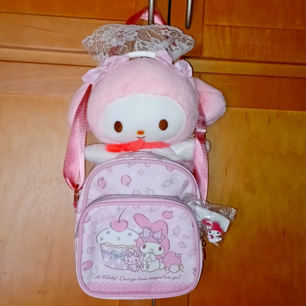 My Melody small backpack, plush and brooch